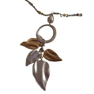 Mixed‎ Metal Leaf Pendant Textured Beaded Chain Long Boho Necklace